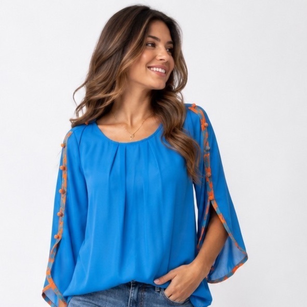 Umgee Blouse Medium Blue Orange Split Pom Pom Sleeve Sheer Pleated Top A7990